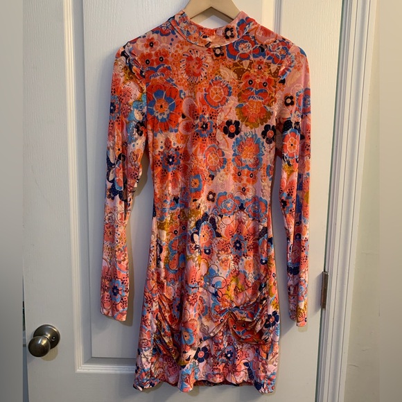 Free People Della Floral Print Ruched Mock Neck Pink Velvet Backless Mini Dress - Picture 3 of 9